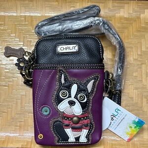 Chala Black and Purple Crossbody with Dog Boston Terrier Cellphone Holder